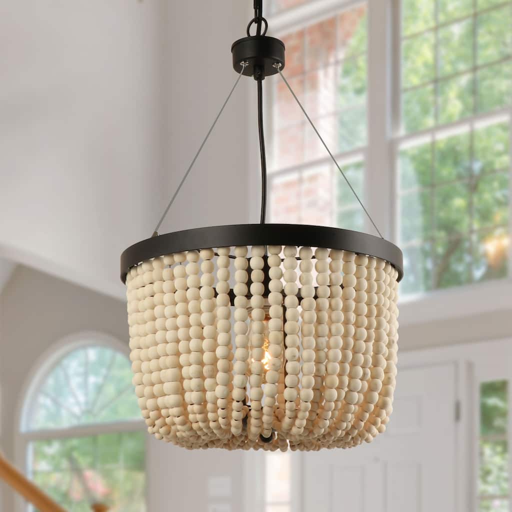 Anmytek 1 Light Wood Beaded Chandelier Rustic Farmhouse Bohemian Boho Pendant Lighting Fixture