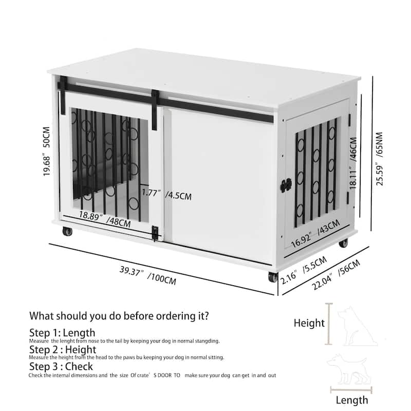 39.37'' Wooden Dog Crate Furniture with Sliding Barn Door, Decorative Pet Crate with Metal Bars and Lockable Wheels