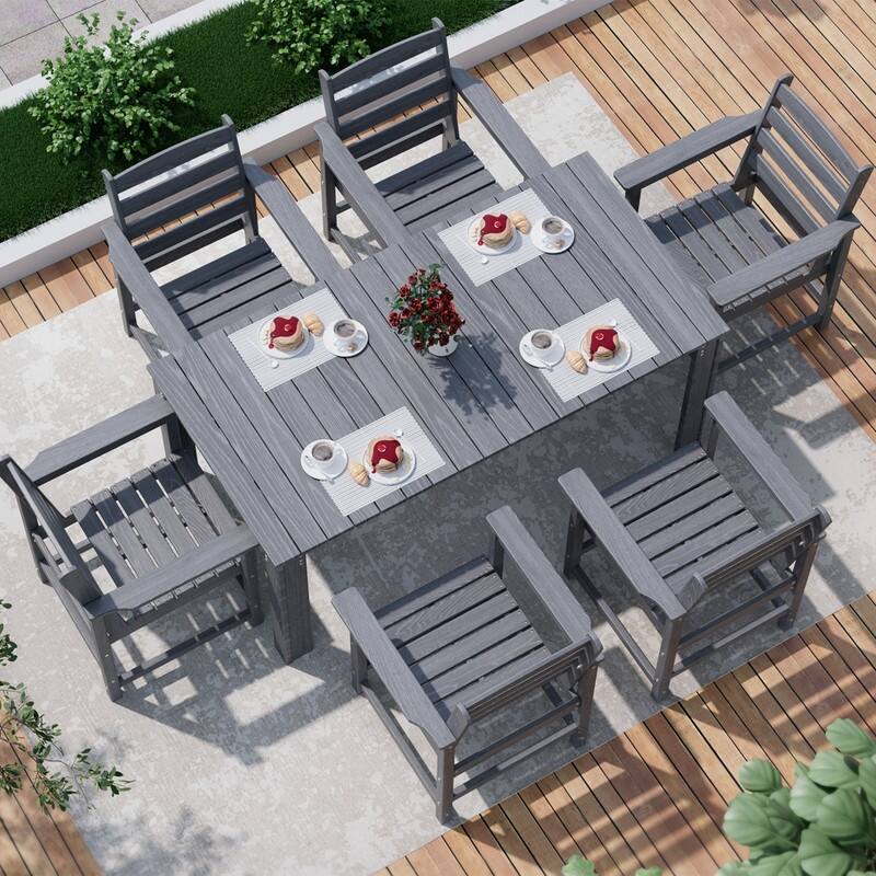 Gray 5/7-Piece HDPE Wood Grain Patio Outdoor Dining Set with Armrest & Umbrella Hole