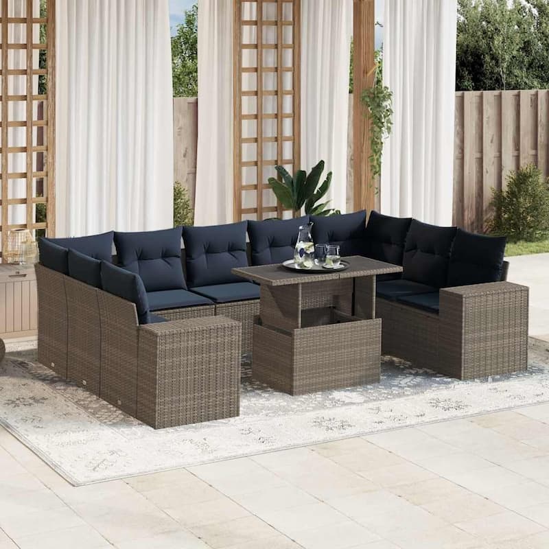 vidaXL Patio Sofa Set with Cushions Table and Couches 10 Piece Poly Rattan - Gray - 24.4" x 24.4" x 27.2"