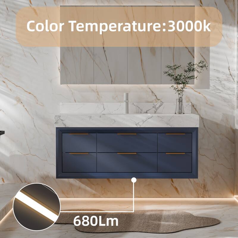 Modland 48" Modern Floating Bathroom Vanity with Single Sink, Soft-Close Drawers, White Stone Countertop