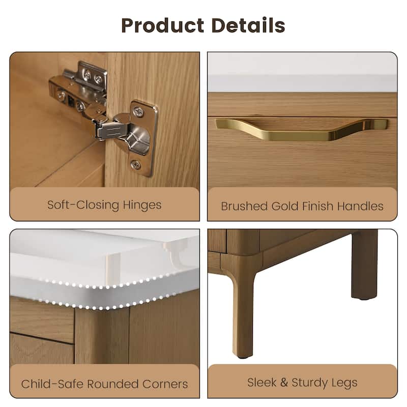 60" Freestanding Double-Sink Bathroom Vanity with Engineered Stone Top, Built-In Power Outlet, and Hair Dryer Storage