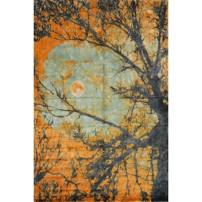 Hand Knotted Oriental Viscose Silk Carpet Modern Pictorial Oranges & Rust Abstract Area Rug - 7' 10'' X 5' 8''