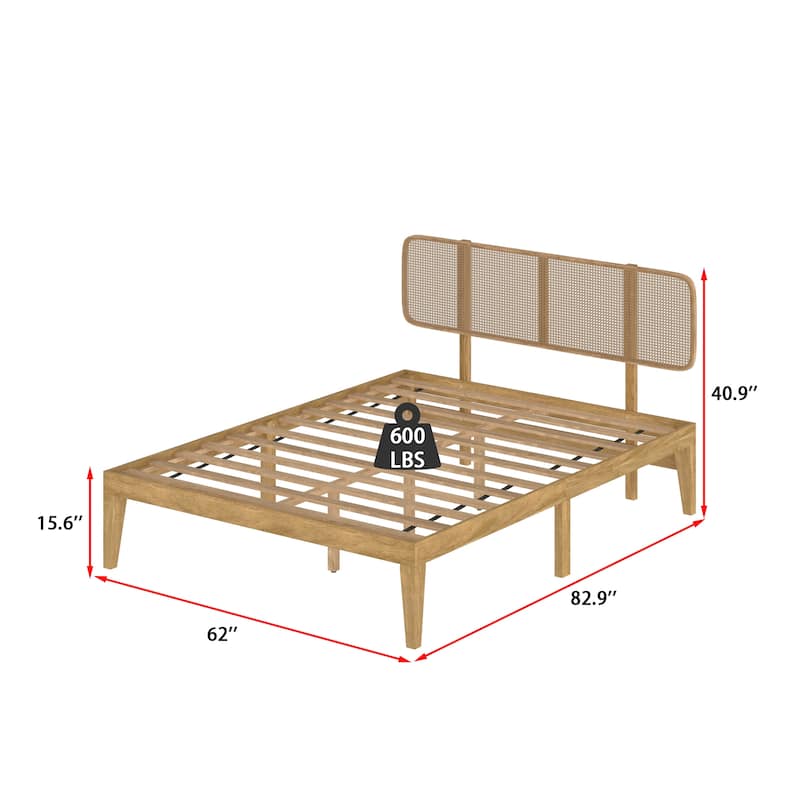 Solid Wood Bed Frame with Rattan Headboard - Natural Finish Platform Bed