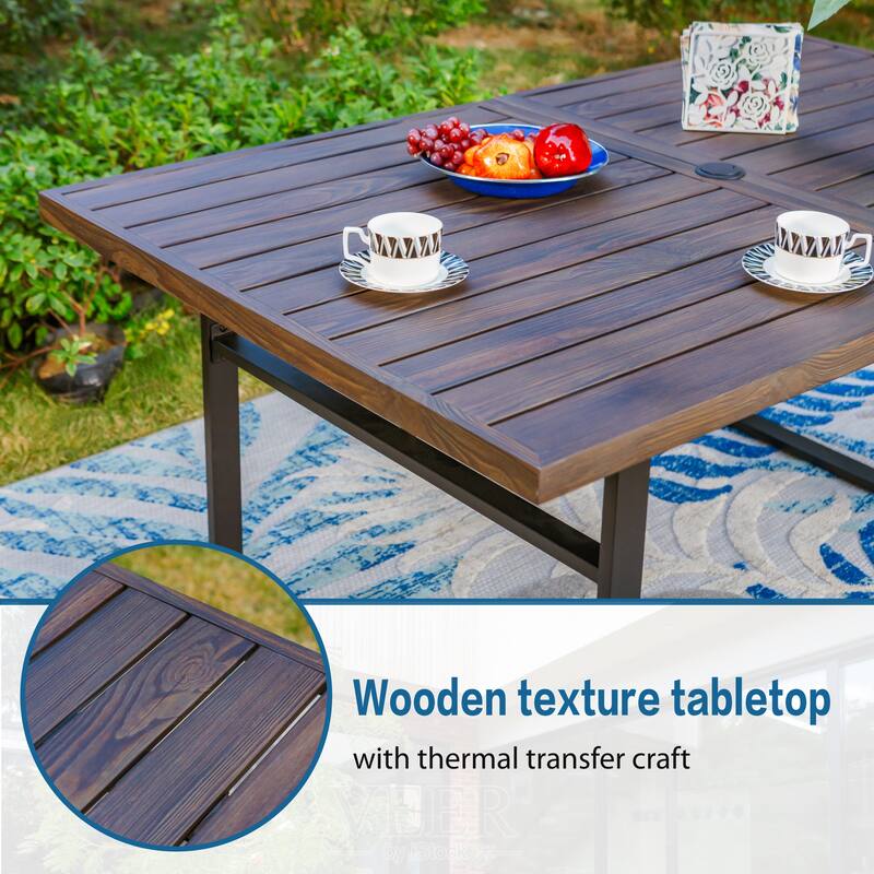 MAISON ARTS 7-Piece Patio Dining Set Printed Wood-grain Table & Rattan Dining Chairs