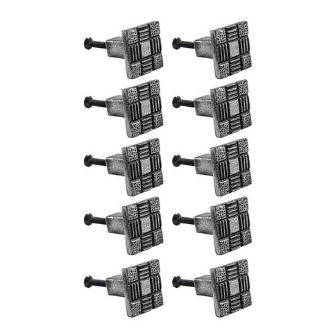 Square Wrought Iron Cabinet Knob Pull Distressed Aztec Pewter Finish Vintage Metal Knobs with Hardware Pack of 10