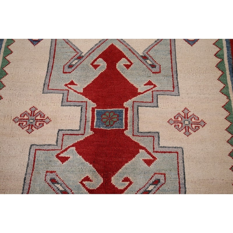 Ivory Geometric Kazak Oriental Area Rug Handmade Bedroom Wool Carpet - 4'0" x 5'9"