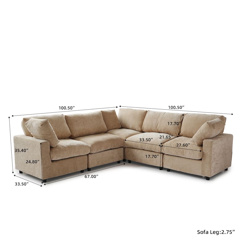 5 Seat L-Shaped Sectional Sofa chenille Fabric Upholstered Couch with Removable Cushions Modern Living Room Furniture