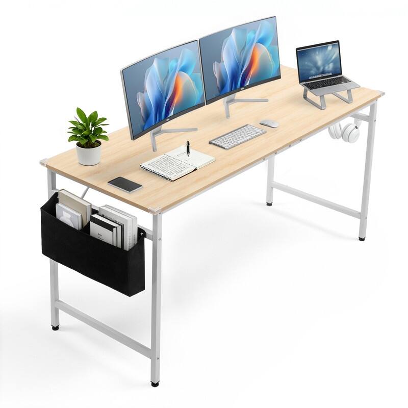 63” Computer Desk for Home Office ,Study Writing Desk with Storage, Side Hooks & Adjustable Feet