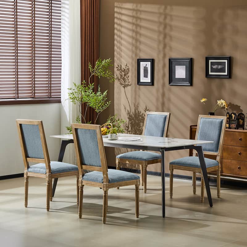 [Set of 4] French Country Dining Chairs - Elegant Cane Backrest & Upholstered Seats with Fluted Legs- Solid Rubberwood Frame - Slate Blue