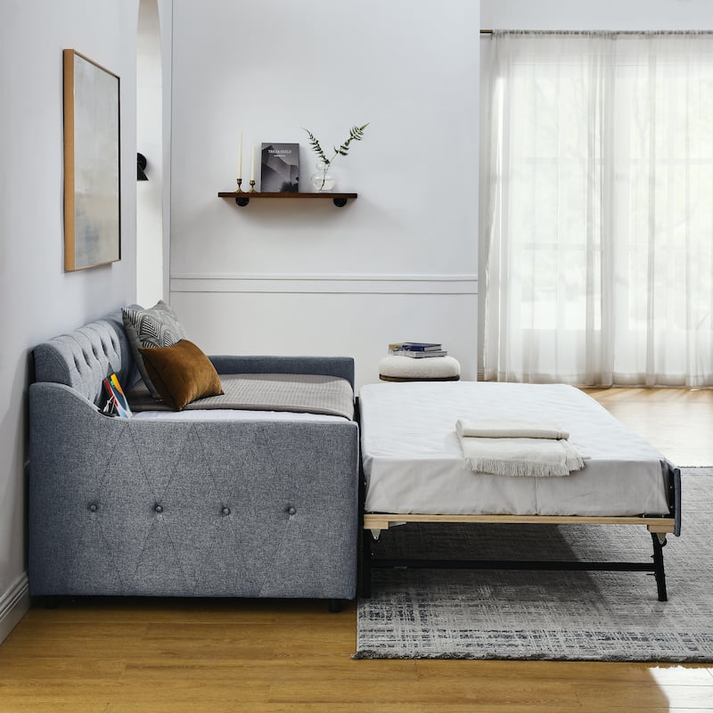 Grey Twin Size Upholstery Daybed with Twin Size Erectable Trundle and USB Charging Design