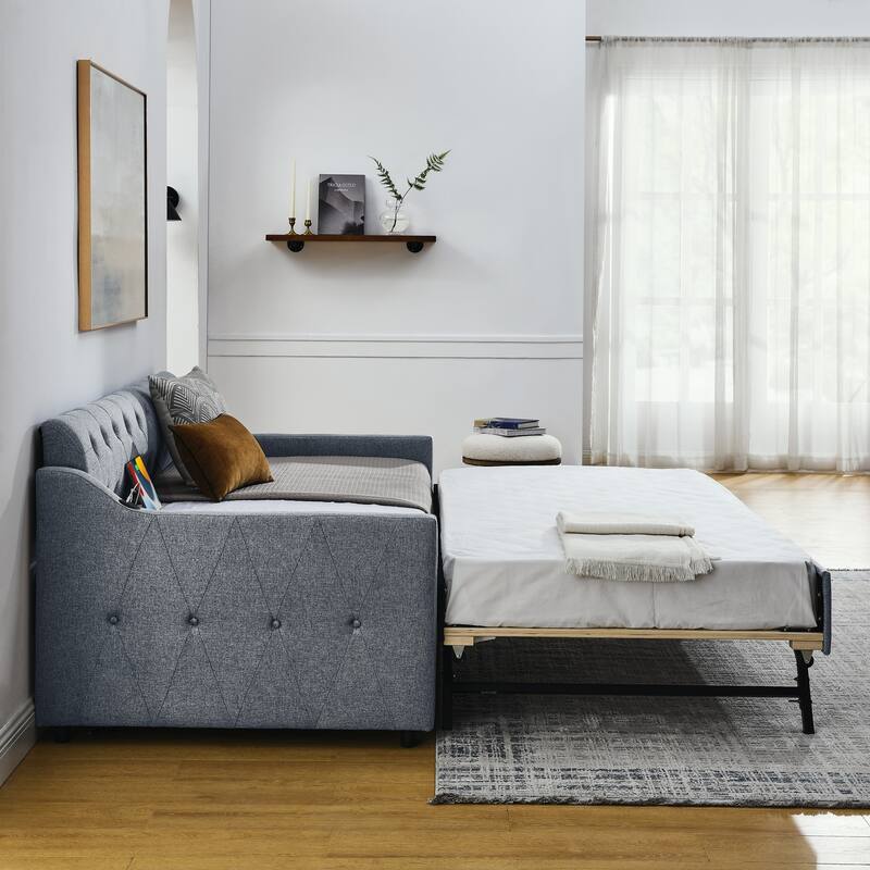 Twin Size Upholstery Daybed with Twin Size Erectable Trundle and USB Charging Design