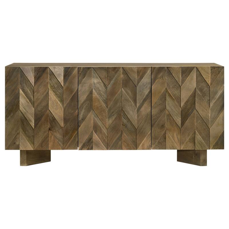 64 Inch Dining Sideboard Server, 2 Cabinets, Chevron Pattern, Mango Brown