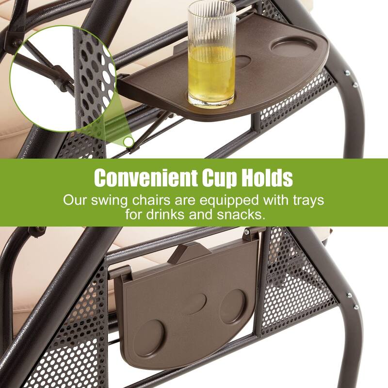 3-Seat Outdoor Porch Swing with Adjustable Canopy & Stand, Convertible Bed, All-Weather, Thickened Cushions & Cup Holders