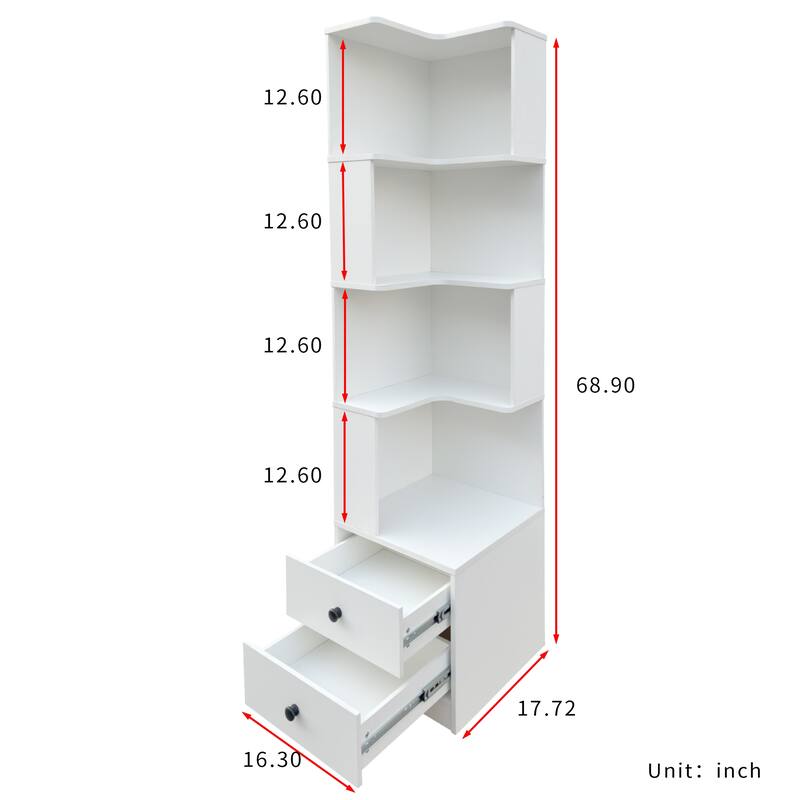 L-Shaped Corner Bookshelf with Drawers and LED Lights, 4-Tier Freestanding Display Stand for Home Office