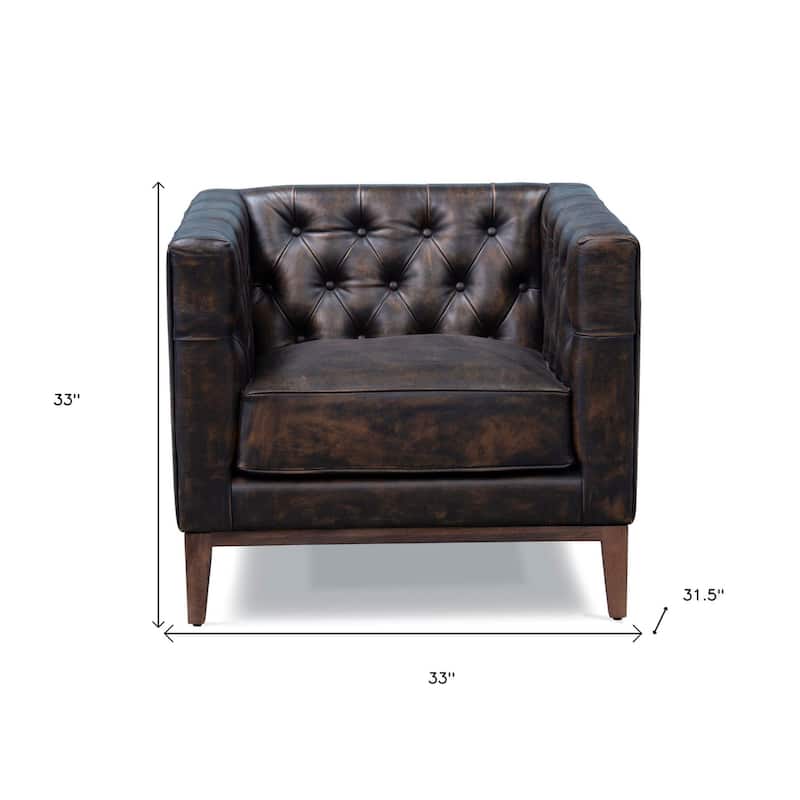 HomeRoots 33" Brown and Black Antiqued Top Grain Leather Tufted Club Chair - 34 in. x 29 in. x 32 in.