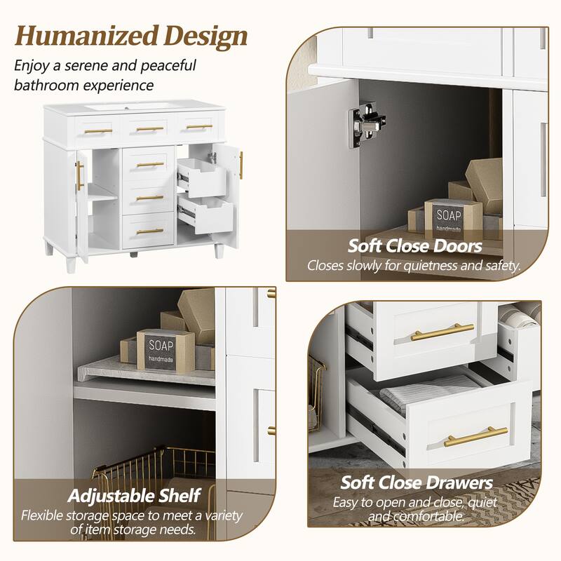 36" White Bathroom Vanity Cabinet With Versatile Storage - 4 Soft Close Drawers 1 Adjustable Shelf, 2 Soft Close Doors