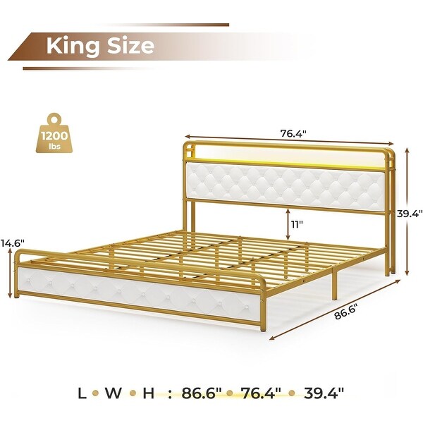 Bed Frame LED Light Headboard Platform Bed Frame Faux