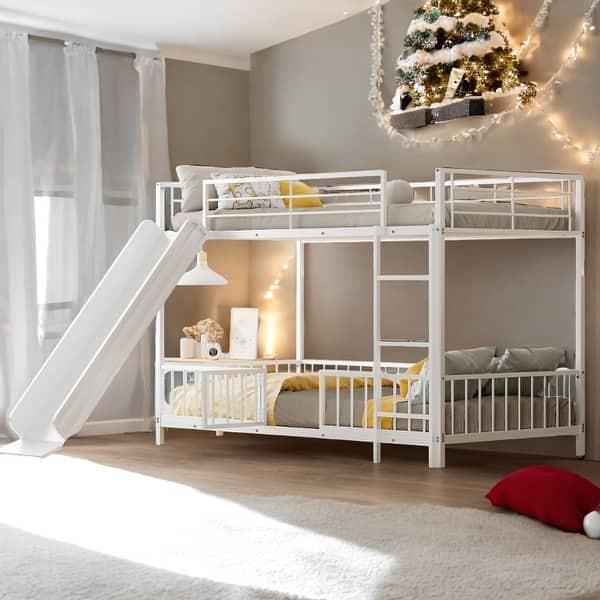 slide 2 of 38, Unique Design Twin over Twin Size Metal Bunk Bed with Slide and Guardrails White