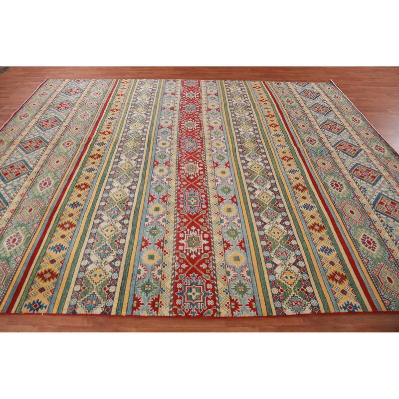 Hand Knotted Oriental 100% Wool Carpet Traditional Geometric Multi-Colored Kazak Area Rug - 11' 3'' X 9' 1''
