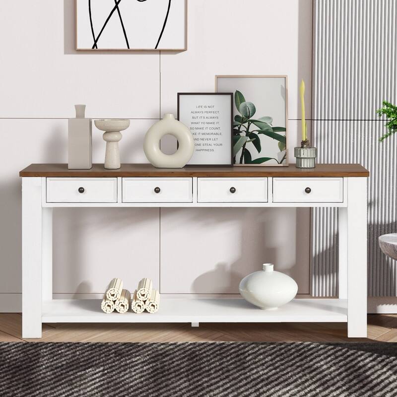 Pine Wood Console Table with 4 Drawers and Bottom Shelf for Entryway Hallway