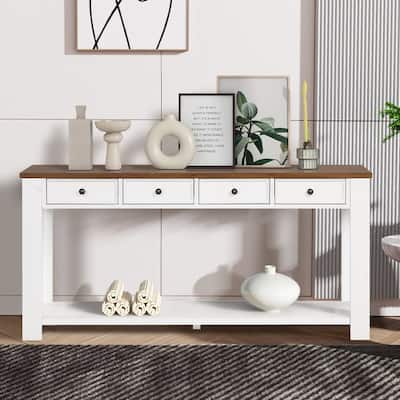 Pine Wood Console Table with 4 Drawers and Bottom Shelf for Entryway Hallway