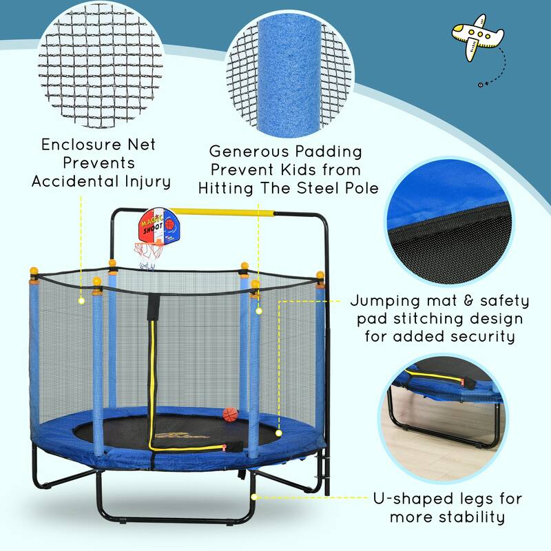 4.6' Kids Trampoline with Basketball Hoop Horizontal Bar 55" Indoor with Net Small Springfree for Ages 3-10 Blue
