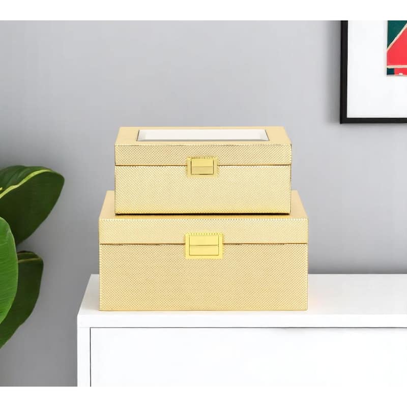 Set Of Two Gold Faux Leather And Mirrored Glass Jewelry Boxes - Gold