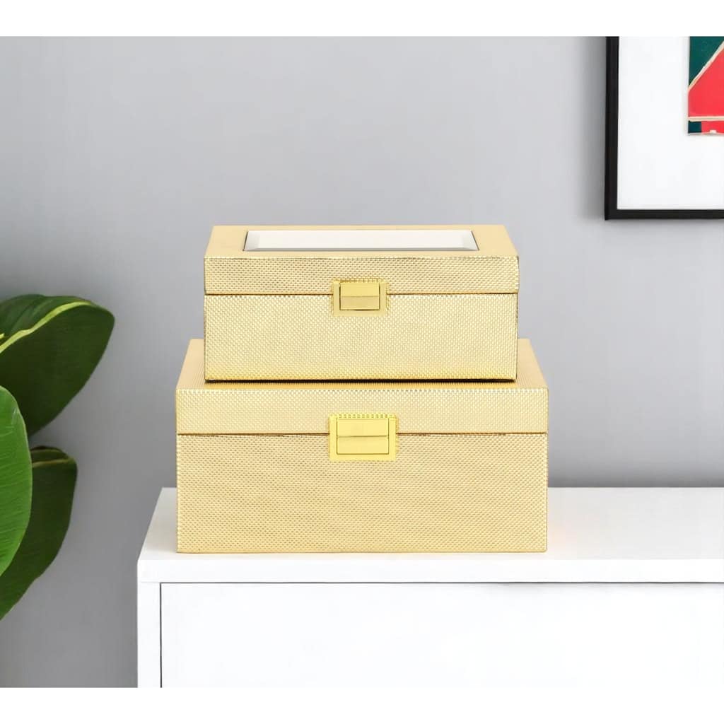 Set Of Two Gold Faux Leather And Mirrored Glass Jewelry Boxes