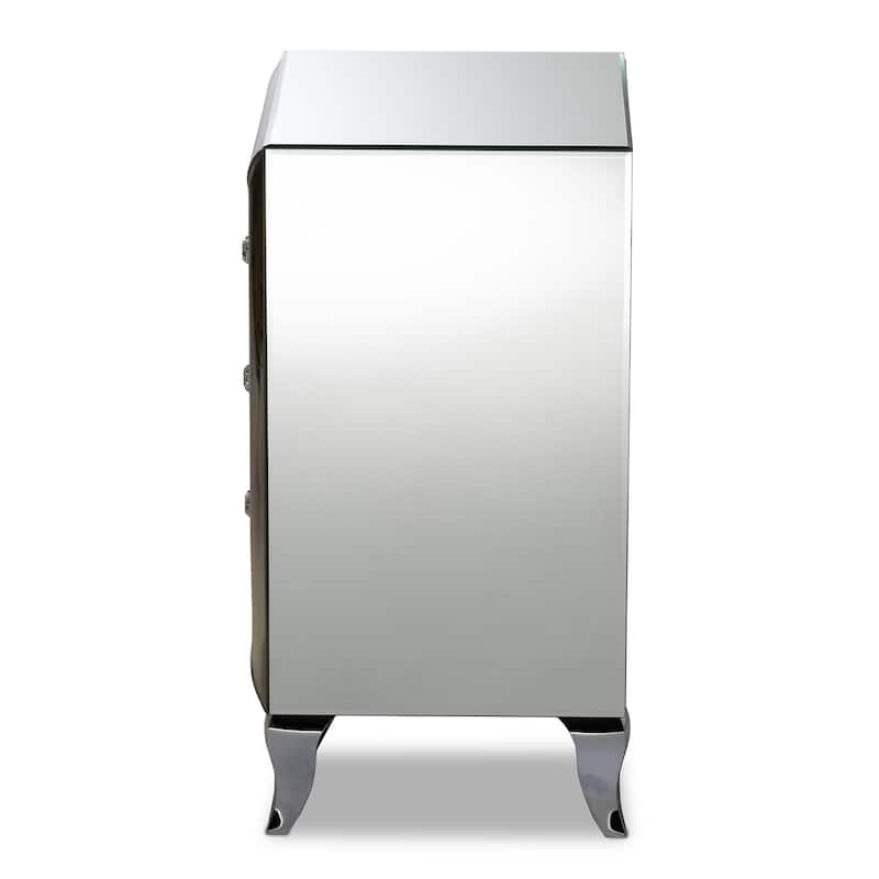 Mirrored Nightstand 3 Drawer Bedside Table Cabriole Legs Crystal Knobs 26" High