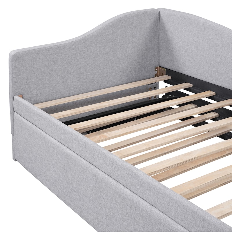 Roomfitters Twin Size Upholstered L-Shaped Daybed with Pop Up Trundle, Space Saving Fabric Sofa Bed Frame with Slats