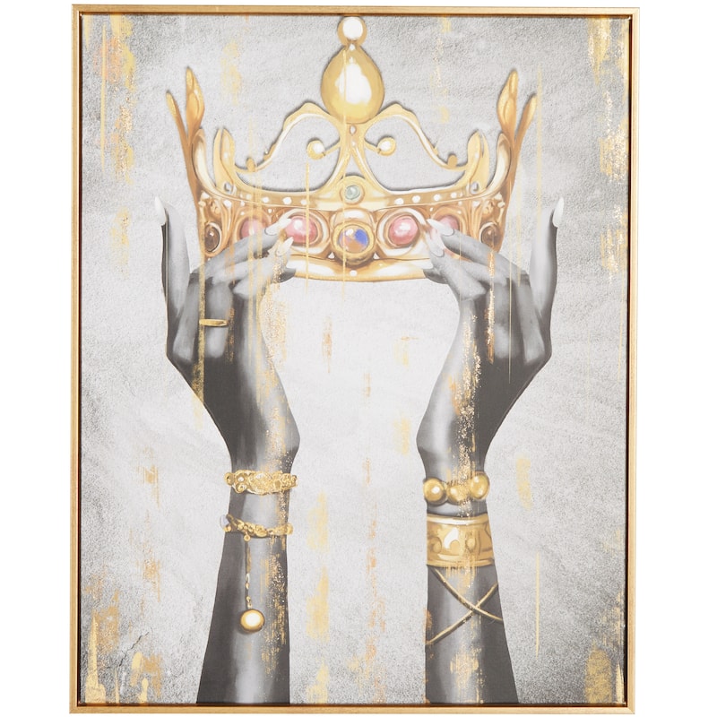 Gold Polystone Crown Living Room Framed Wall Art with Shaded Hands and Metallic Foil Accents