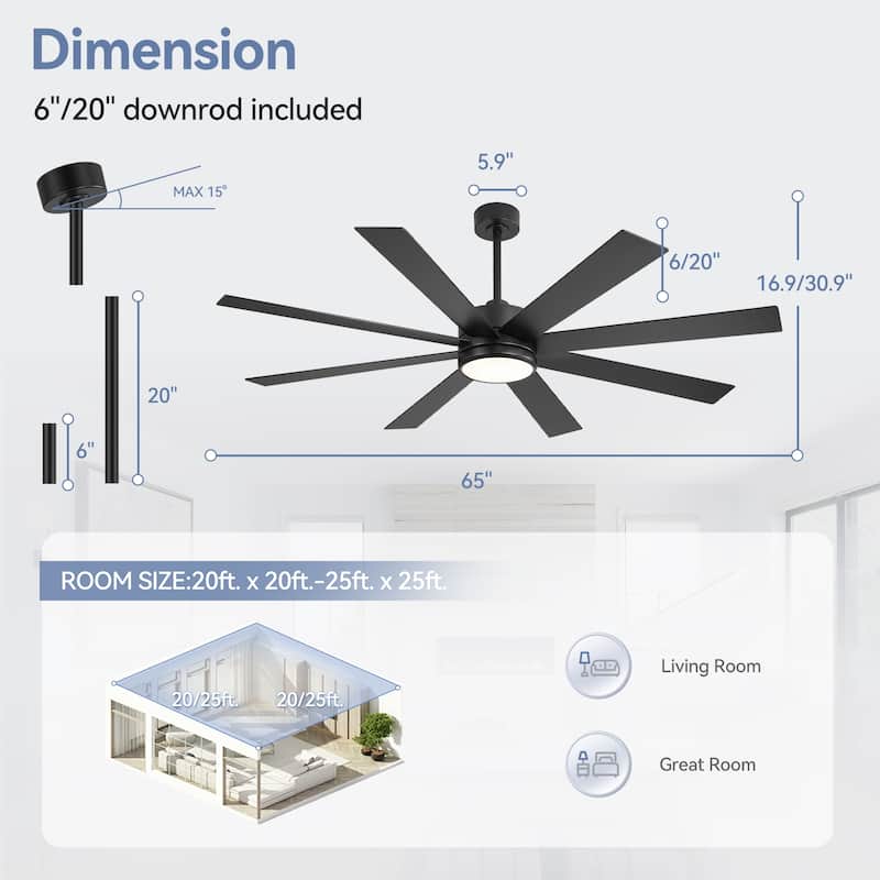 42/48/52/56/60/65-IN LED Ceiling Fan with Light Kit and Remote(5/6/7/8-Blade)