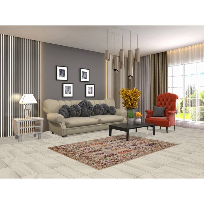 Hand Knotted Oriental 100% Wool Carpet Traditional Geometric Beige & Ivories Kazak Area Rug - 5' 8'' X 4' 0''