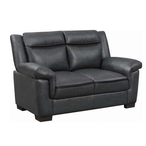 Contemporary Faux Leather & Wood Loveseat With Cushioned Armrests, Grey