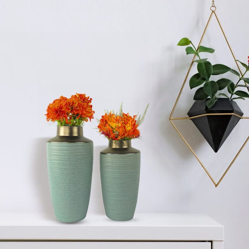 Aria Home Green Ceramic Vases Copper Rim Décor Display Set of 2