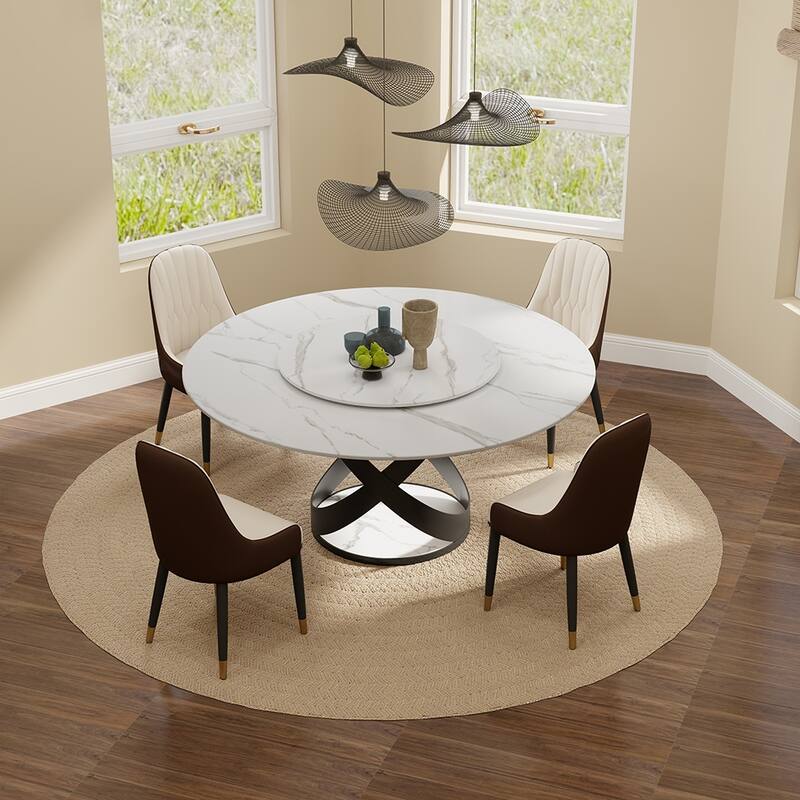 Modern Dining Table Sets, Round Glossy Sintered Stone Dining Table with Dining Chairs