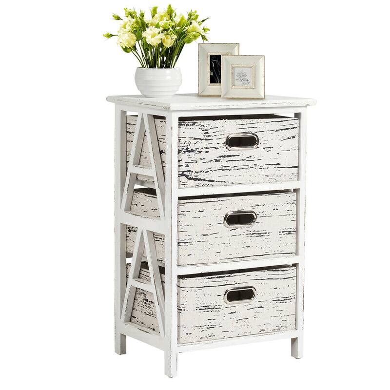 Gymax Chest w/3 Fabric Drawers Vintage Wood Frame End Table Side Sofa