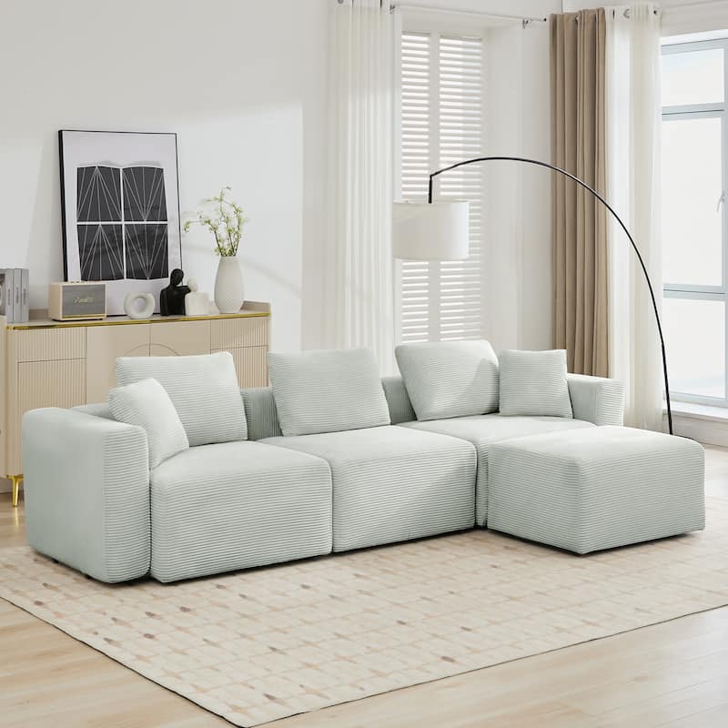 Corduroy Sectional Modular Sofa with Square Arms & Ottoman Extension for Flexible Arrangements