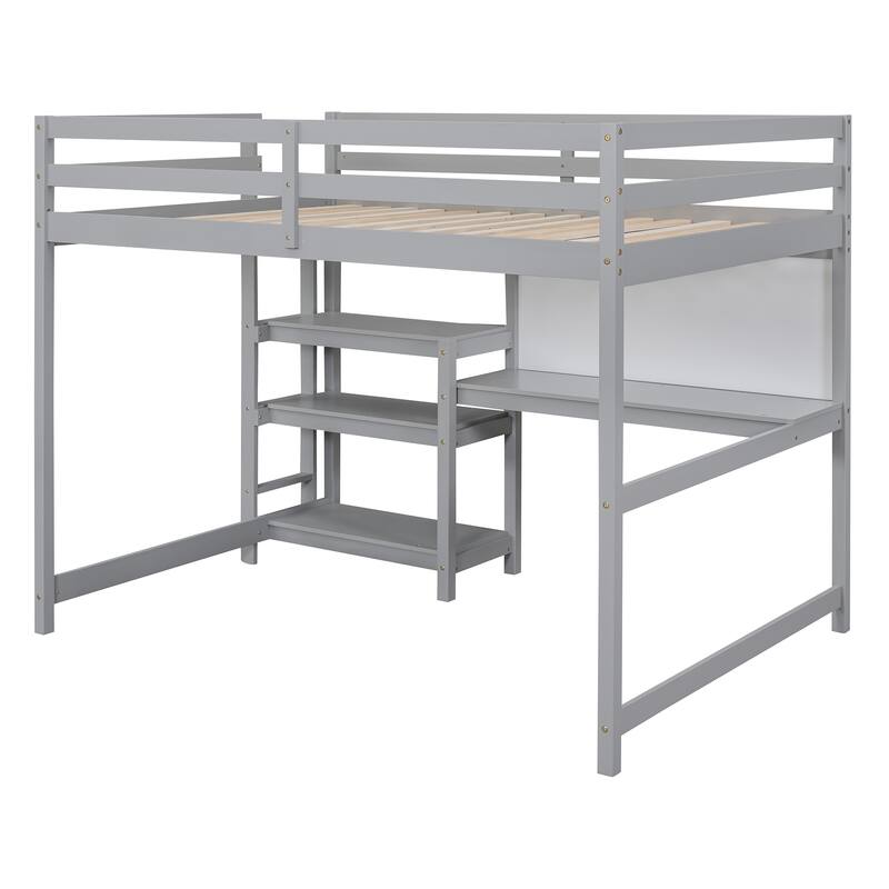 Wooden Twin/Full Size High Loft Bed with Built-in Desk and Shelves