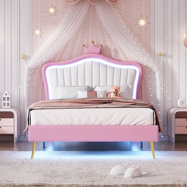 slide 2 of 27, Crown Stripe Headboard Platform Bed Frame, PU Upholstered Princess Bed with Remote Control LED Lights, Wood Slat Panel Bed