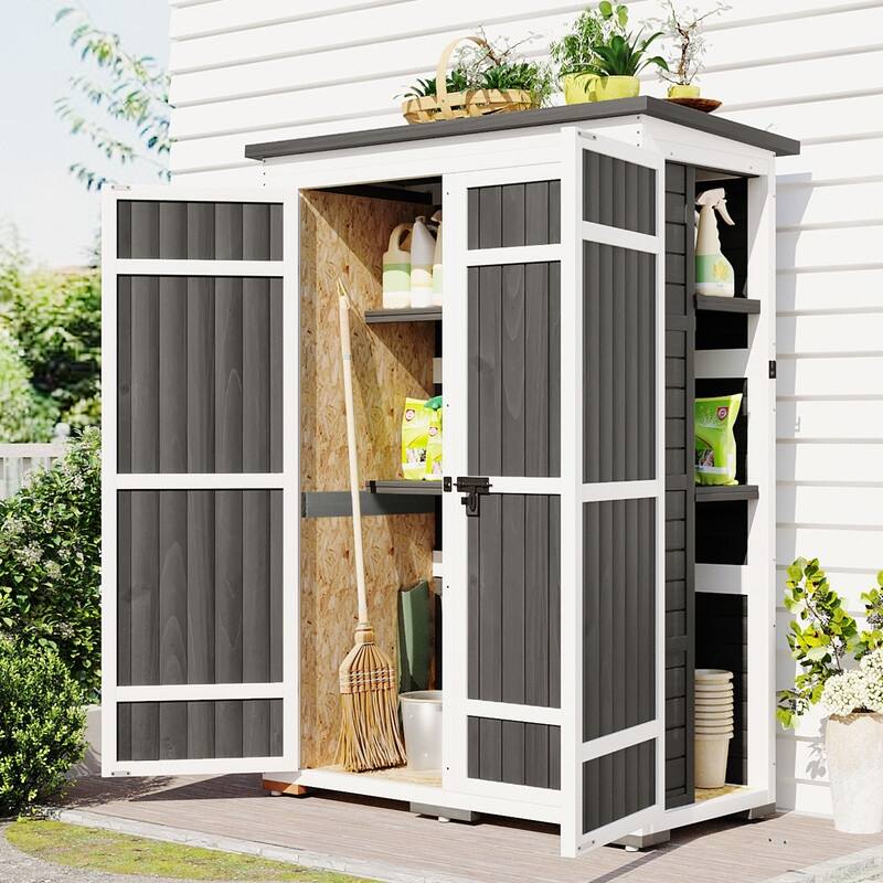 5.5ft x4.1ftWood Storage Shed with Waterproof Asphalt Roof and Four Lockable Doors - White+gray