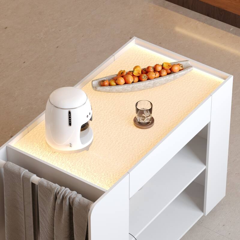 LED Kitchen Island with Tempered Glass Top, Rolling Storage Cabinet with 3-Color Lighting