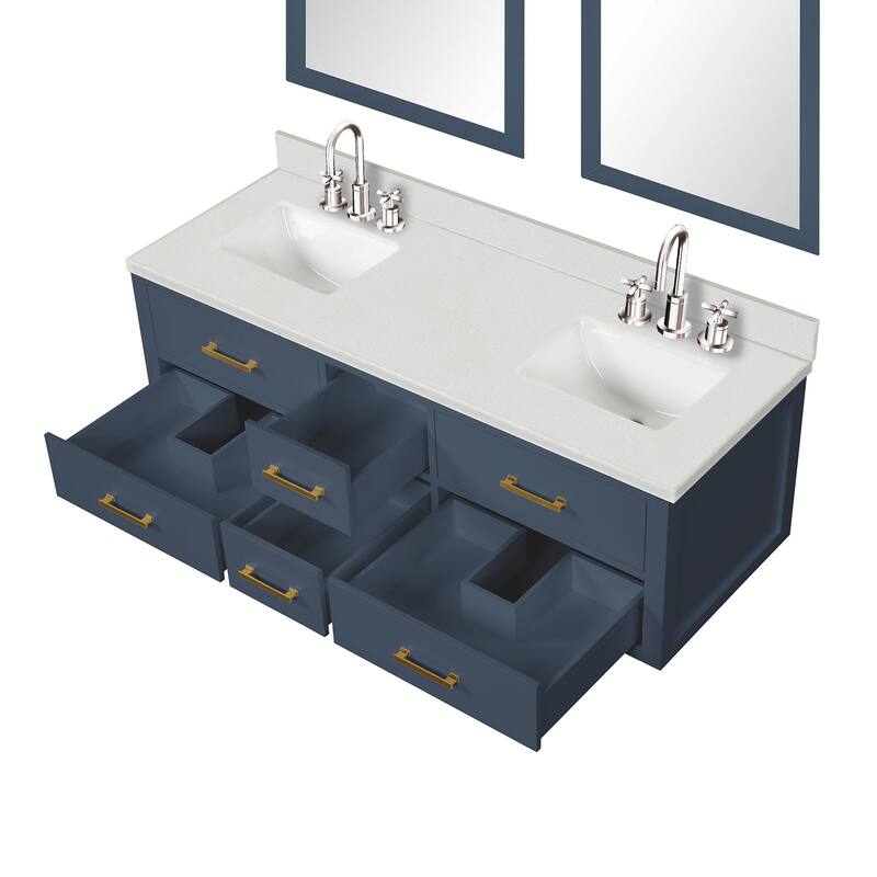 Castor 60 in W x 22 in D Black Double Bath Vanity, White Quartz Top, Faucet Set, and 28 in Mirrors
