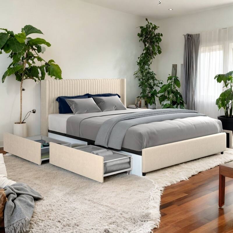 Modern Queen Size Ivory Velvet Upholstered Wingback Platform Bed with Patented 4 Drawers Storage