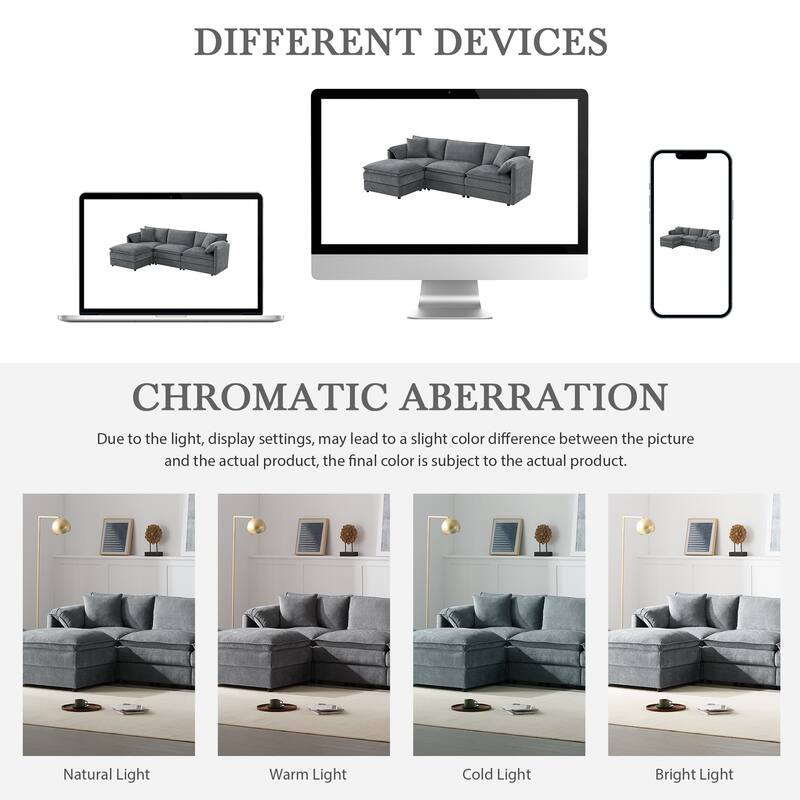 Conertible L Shape Modular Sectional Sofa wOttoman Chenille 4 Seat Sofa