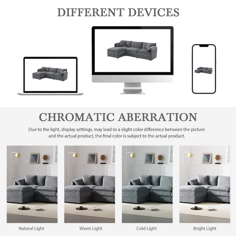 L-Shaped Modular Sectional Sofa with Ottoman, Oversized Chenille Upholstered Cloud Couch, 4-Seater Sofa with Double Cushions