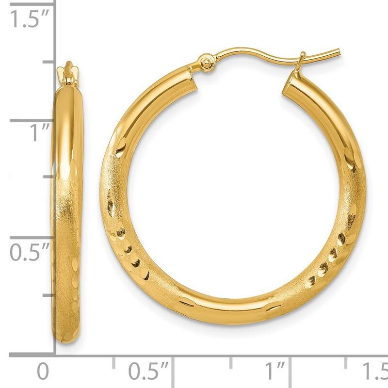Curata 14k Yellow Gold Satin and Sparkle Cut Round Hoop Earrings - 30x30mm