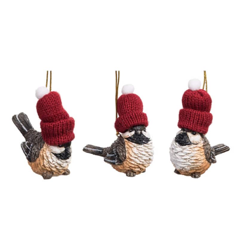 Transpac Resin Bird w/Knit Hat Ornament Set of 3 Christmas Home Decorations