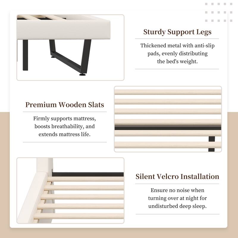 Wave-Like Curve Design Platform Bed Pu Leathe Upholstered Bed Frame Wooden Slat Support